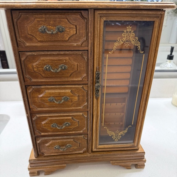 Vintage Linden Musical Wooden Jewelry Box With 5 Felt Lined Drawers - Picture 1 of 15